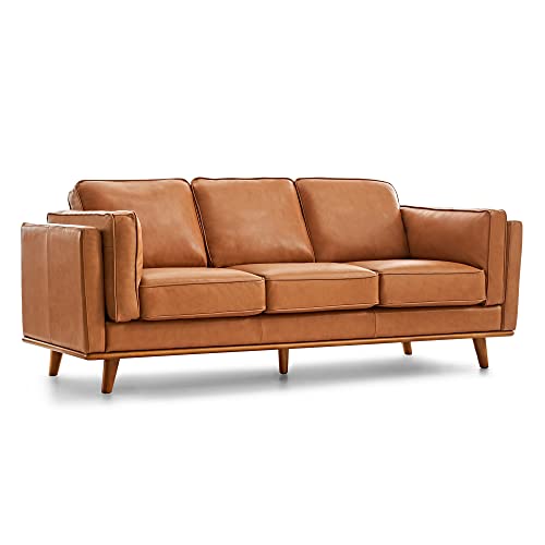 Valencia Artisan Full Leather Sofa 88” - Pure Full Italian Nappa Leather Couch, Solid Wood Accent, Ultimate Comfort, Cognac Tan