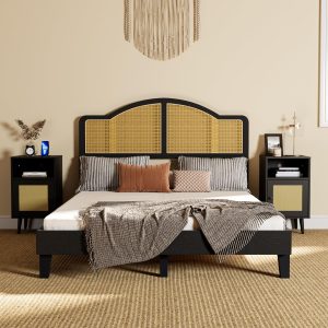 Cozy Castle Rattan Queen Size Bed Frame with Adjustable Headboard and Sturdy Slats Support, Boho Queen Platform Bed Frame, No Box Spring Needed, Black