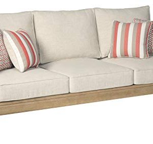 Signature Design by Ashley Clare View Coastal Outdoor Patio Eucalyptus Sofa with Cushions, Beige