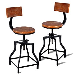 GWAREZ Set of 2 Industrial Bar Stool-Adjustable Swivel Round Wood Metal Kitchen Stool Dining Breakfast Bar Chair-Cast Iron-20-25Inch Tall Counter Bar Height -with Backrest…