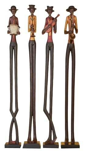 Deco 79 Polystone Musician Decorative Sculpture Tall Long Legged Jazz Band Home Decor Statues with Black Base Stand, Set of 4 Accent Figurines 5"W, 40"H, Brown