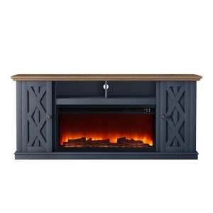 LIVILAND 68" Farmhouse Engineered Wood TV Stand Media Console for TV up to 75" with Fireplace, 2 Doors, 8 Shelves, Cable Management Cutouts, Assembly Required, in Navy Finish