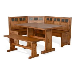 Pemberly Row Farmhouse Wood Kitchen Corner Breakfast Dining Nook Set with Hidden Storage in Rustic Oak