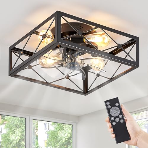 LEDIARY 22" Caged Flush Mount Ceiling Fans with Lights and Remote, Black Square Low Profile Ceiling Fan, Small Farmhouse Bladeless Ceiling Fan for Bedroom, Kitchen, Indoor