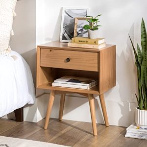 Walker Edison Mid Century Modern 1 Nightstand Bedroom Storage Drawer and Shelf Bedside End Table, 24 Inch, Natural Pine