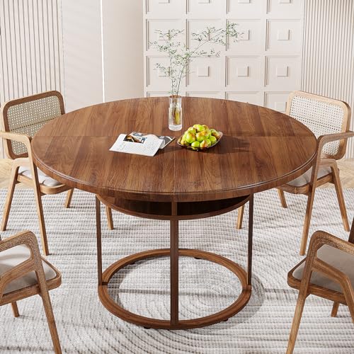 Tribesigns 47" Round Dining Table for 4 to 6, Kitchen Table with Metal Frame and 4 Divided Storage Compartments for Home, Kitchen and Restaurant, Walnut