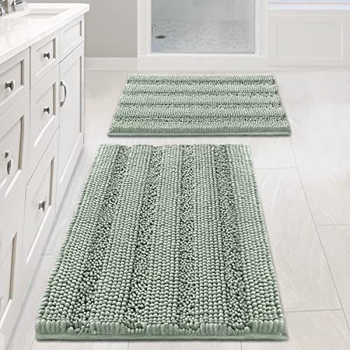 H.VERSAILTEX Sage Bathroom Rugs, Bath Mat Set of 2 Extra Thick Chenille Striped Pattern Shaggy Bath Rugs for Bathroom, Non Skid Bath Mats for Bathroom Floor (32 x 20 Plus 24 x 17 - Inches)