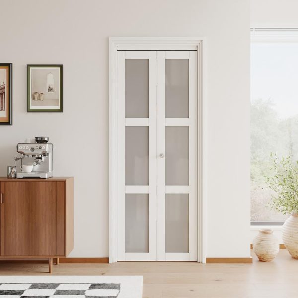 Bi-Fold Doors for 30" x 80" Opening, 3-Lite Tempered Frosted Glass Closet Door Hardware Kit Included, Interior Folding Door Pre-Drilled Easy Assembly, White