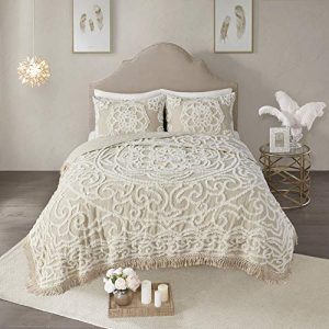 Madison Park Laetitia Lightweight 100% Cotton Quilt Set, Breathable Chenille Tufted, Shabby Chic Boho Medallion Design, Sham, Floral Taupe w/ Tassels, Full/Queen-2 Piece