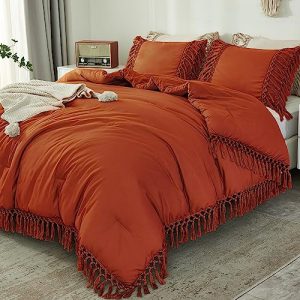 Andency Comforter King Size Set Burnt Orange, 3 Pieces Boho Terracotta Tassel Lightweight Fluffy Bedding Comforters & Sets, Soft All Season Rust Bed Set (104x90In Comforter & 2 Pillowcases)