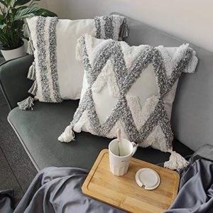 TINYSUN Boho White Grey Tufted Throw Pillow Covers with Tassels, Set of 2, Super Soft Velvet Pillowcase for Sofa Bed Living Room(Grey-Line,18"x18")