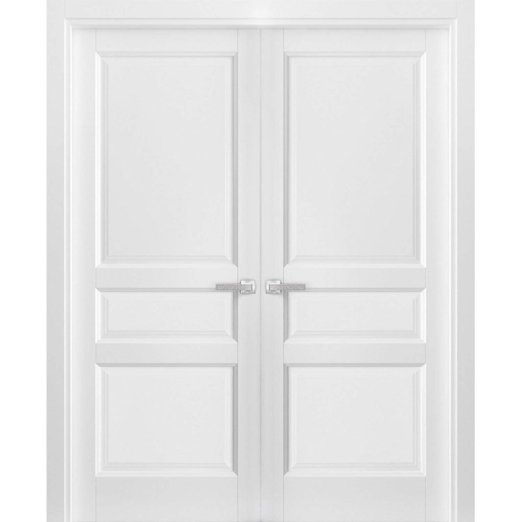 French Double Panel Solid Doors 60 x 84 with Hardware | Lucia 31 Matte White | Panel Frame Trims | Bathroom Bedroom Interior Sturdy Door
