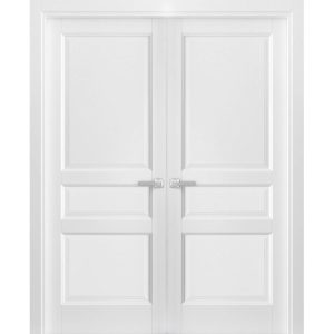 French Double Panel Solid Doors 60 x 84 with Hardware | Lucia 31 Matte White | Panel Frame Trims | Bathroom Bedroom Interior Sturdy Door