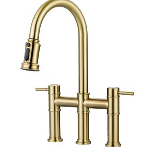 Farmhouse Bridge Faucet for Kitchen Sink: iVIGA Gold Vintage 3 Hole Kitchen Faucet with Pull Down Sprayer (3 Spray Modes) - 2 Handle High Arc Brass Faucet with 360° Swivel, with Supply Lines