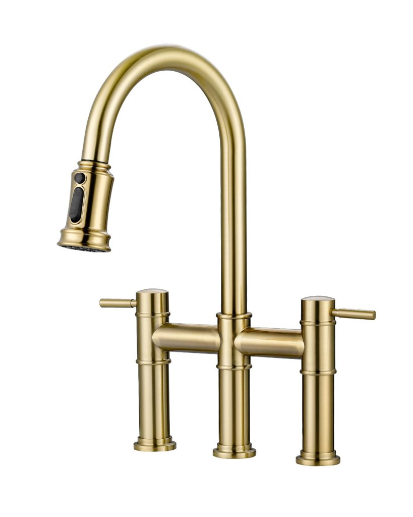 Farmhouse Bridge Faucet for Kitchen Sink: iVIGA Gold Vintage 3 Hole Kitchen Faucet with Pull Down Sprayer (3 Spray Modes) - 2 Handle High Arc Brass Faucet with 360° Swivel, with Supply Lines