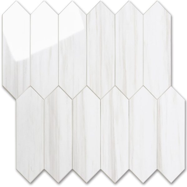 Vamos Tile Glossy Dolomite White Backsplash Tile Peel and Stick, 12.8 x 12.8 Inch 10 Sheets Long Hexagon PVC Self Adhesive Mosaic Wall Tiles Stick on Backsplash for Kitchen and Bathroom