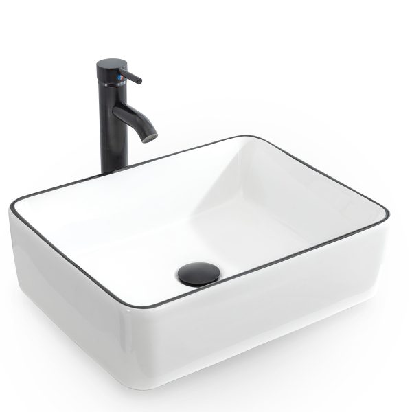 eclife Bathroom Ceramic Sink Bowl Classic White with Black Decor Line Porcelain Vessel Sink and Faucet Combo for Bathroom Countertop Bowl Sink & ORB Pop Up Drain (T03BK)