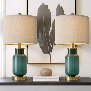 USumkky 21.25" Table Lamp Set of 2 Modern Lamp for Living Room Glass Nightstand Lamp for bedrooms,Desk,Farmhouse (Green)