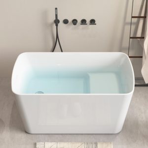 49" Acrylic Freestanding Bathtub, Square Shaped Japanese Soaking Tub with Seat Design, Stand Alone Tubs W/Pop-UP Chrome Drain, Slotted Overflow, cUPC Certified (Glossy White)