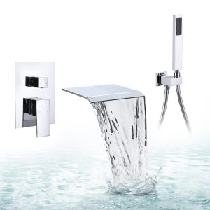 BANGPU Wall Mounted Waterfall Roman Tub Filler Faucet with Hand Shower Bathtub Filler with Waterfall Spout Wall Mounted Single Handle Widespread Waterfall Lavatory Tub Faucet, Chrome