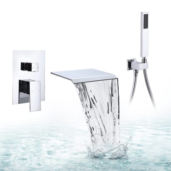 BANGPU Wall Mounted Waterfall Roman Tub Filler Faucet with Hand Shower Bathtub Filler with Waterfall Spout Wall Mounted Single Handle Widespread Waterfall Lavatory Tub Faucet, Chrome