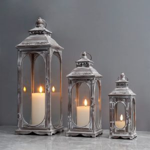 TRIROCKS Set of 3 Vintage Candle Lanterns 10/14/19.5''H Decorative Outdoor Lantern Metal Candle Holder with Tempered Glass for Home Living Room Garden Yard Parties Event Indoors Outdoors (Cement Grey)