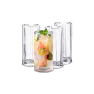 INSETLAN Glass Cups Vintage Glassware Set of 4 Large, Origami Style Transparent Cocktail Glasses Set, Bar Beverages Ice Coffee Cup Juice Ripple Drinkware, 370ml (L)