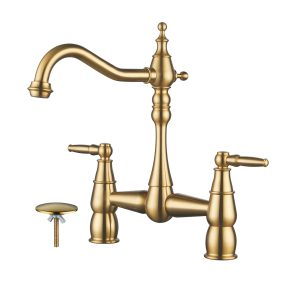 ALEASHA Bridge Centerset Kitchen Faucet for Sink, 2 Hole Brass Kitchen Sink Faucet Vintage Farmhouse Deck Mount Kitchen Sink Faucet for Two Handle Brushed Gold