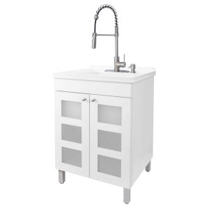 White Utility Sink in White Vanity, Stainless Steel Pull-Down Coil Faucet, Soap Dispenser and Spacious Cabinet by JS Jackson Supplies for Garage, Basement, Shop and Laundry Room