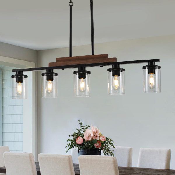 Dining Room Light Fixture Over Table,Farmhouse 5-Light Kitchen Island Lighting, Linear Chandelier with Clear Glass Shades, Modern Rustic Wood Chandelier with Adjustable Height