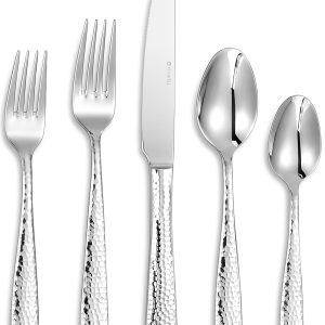 KEAWELL Premium 20/45/65 Piece Louis Hammered Silverware Set with Squared Edge, 18/10 Stainless Steel, Service for 4/8/12, Fine Flatware Set, Dishwasher Safe (20)