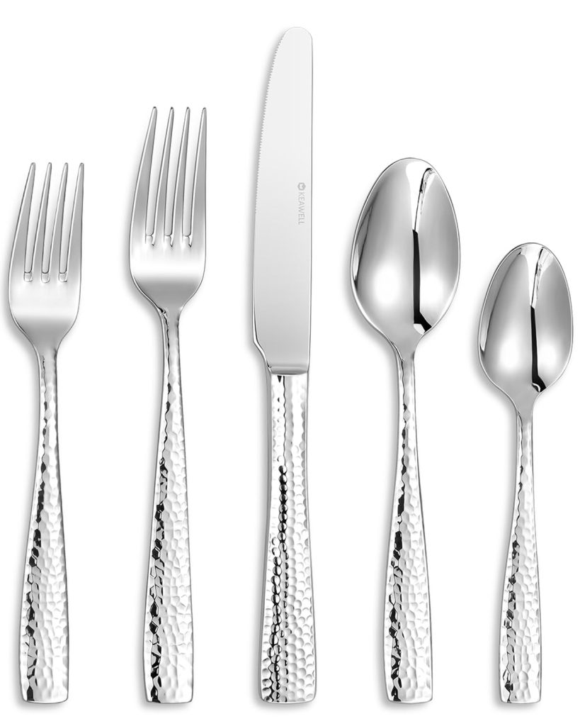 KEAWELL Premium 20/45/65 Piece Louis Hammered Silverware Set with Squared Edge, 18/10 Stainless Steel, Service for 4/8/12, Fine Flatware Set, Dishwasher Safe (20)