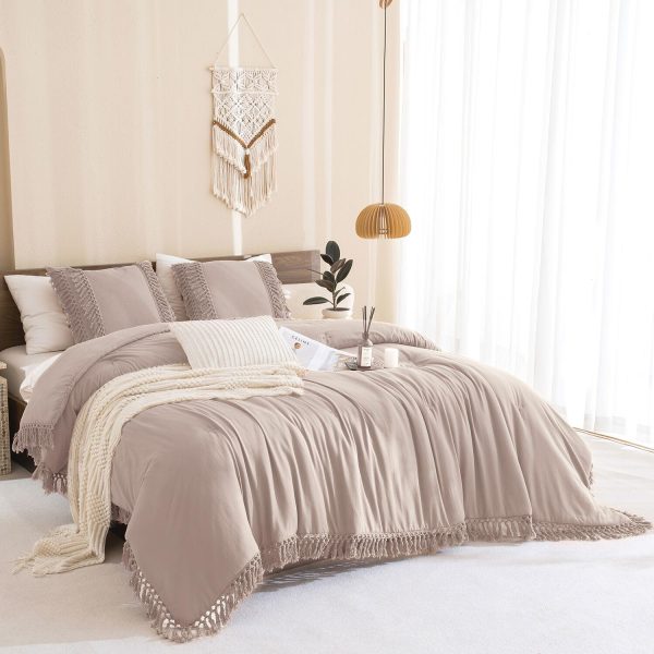 CozyTide Tassel Boho Comforter Set King,100% Washed Cotton Farmhouse Boho Chic Taupe Bedding Comforters Lightweight Aesthetic Bedding 3 Piece（1 Boho Comforter and 2 Pillow Shams）