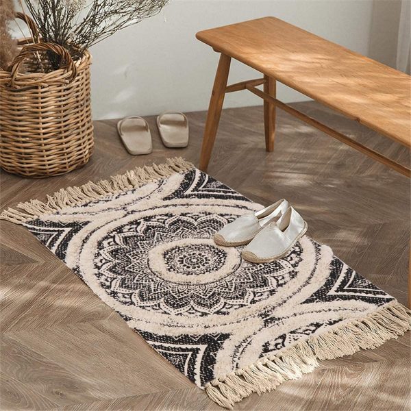 Seavish Tufted Cotton Rug, 2X3 Black Mandala Boho Rug, Hand Woven Bohemian Throw Rugs, Shag Accent Fringe Tassel Rug for Bedroom Bedside Kitchen, Laundry Room Rug