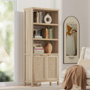 SICOTAS Bookcase 5 Tier Bookshelf Rattan Boho Tall Book Case Shelf with Doors Storage Wood Large Bookcases Farmhouse Bookshelves Library Shelves for Living Room Bedroom Home Office Kitchen (Natural)