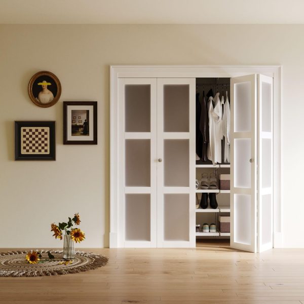 Bi-Fold Doors 72" x 80.5" (Double 36" x 80.5" Doors) 3-Panel Tempered Frosted Glass Closet Door, MDF Folding Door Prefinished Surface Pre-Drilled Holes Easy Assembly