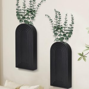 Uipame Wooden Wall Planter, Set of 2, Black, Modern Farmhouse Decor for Indoor Plants, Hanging Planter for Living Room, Bathroom Decor, Dried Flowers and Faux Greenery