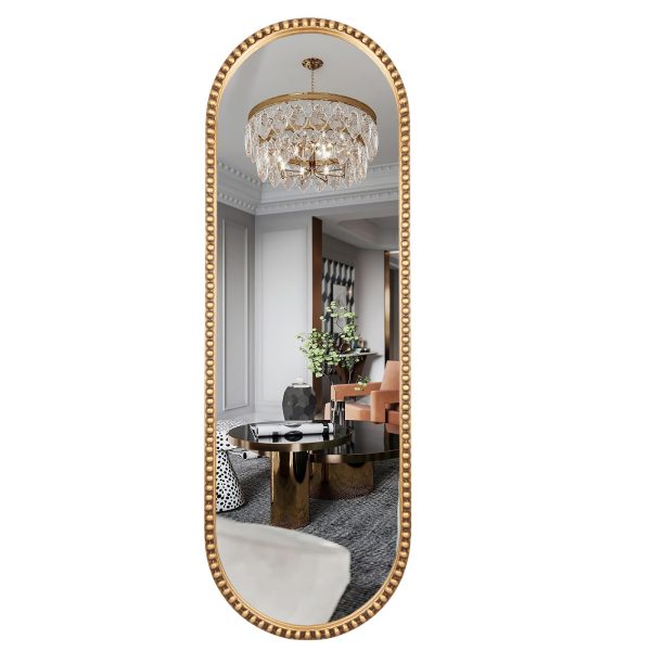 Fobule Oval Full Length Mirror, 16"x47" Metal Beaded Frame Mirror for Wall, Large Hanging Dressing Floor Mirror for Bedroom, Living Room, Entryway, Antique Gold (No Stand)