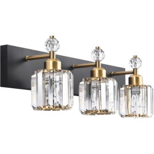 PRESDE Black Gold Crystal Bathroom Vanity Lights Fixtures Over Mirror Modern 3 Light Bath Wall Lighting