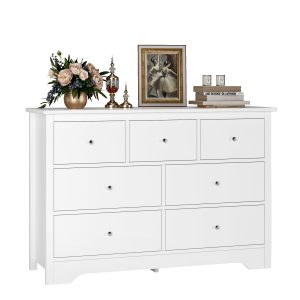 FOTOSOK White Dresser 7 Drawer Dresser, 47.2'' White Chest of Drawers Modern Dresser with Metal Handles, White Dresser Chest of Drawers with Large Drawer Storage Space for Home