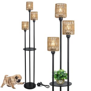 Stepeak Boho Floor Lamp with Shelves, 3-Lights Farmhouse Tall Floor Lamp with ON/OFF Foot Switch, Rustic Standing Lamp with Rattan Shades for Living Room Bedroom Office