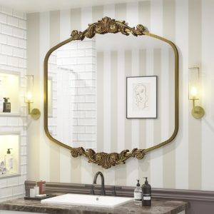 SMIROR Gold Vintage Mirror 36x 36, Arched Antique Mirror for Wall, Metal Frame Arch Baroque Mirror for Bathroom Vanity Mantel