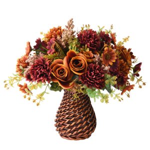 Homsunny Artificial Flowers in Vase, Silk Flowers Arrangements, Fake Rose Bouquets in Handmade Rattan Vase for Home Office Dinning Room Table Kitchen Desktop Decoration (Brown)