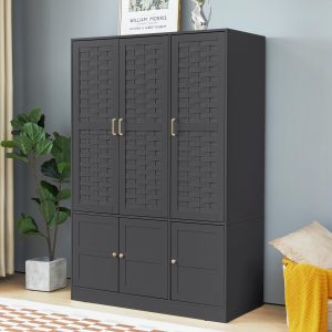 LEVNARY Black Wardrobe Closet with 6 Woven Doors, Large Armoire Wardrobe Cabinet with Adjustable Shelves and Hanging Rail, Freestanding Tall Bedroom Closet with Drawers for Clothes (Black)