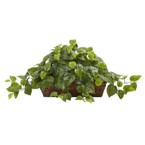 Nearly Natural Pothos with Ledge Basket, Green,34x18x15