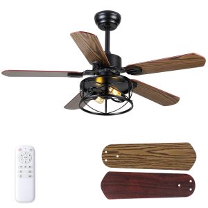 Dannilong Farmhouse Ceiling Fan with Light and Remote 42" Rustic Flush Mount Ceiling Fans 5 Dual Finish Blades Carnegie Industrial Fandelier for Living room Bedroom Patio E26