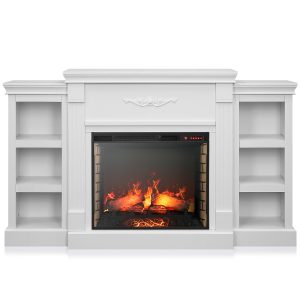 BELLEZE Modern 70" Electric Fireplace Heater Mantel TV Stand & Media Entertainment Center for TVs up to 68" with Energy-Efficient Heater with Sound and Side Book Shelves - Lenore (White)