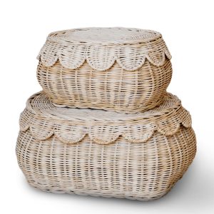 BEBE BASK Hand Woven Rattan Basket Set - 15x10x6 Inch - Small Scalloped Baskets - Round Wicker Basket - Wicker Storage Basket - Rattan Basket With Lid (Natural)