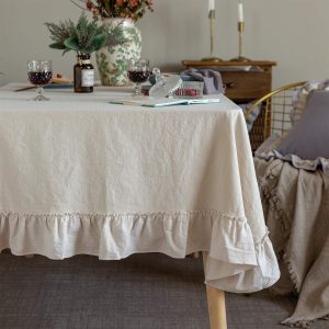 Glory Season Retro Farmhouse Ruffle Tablecloth Cotton Flounces Trim Washable Table Cover Tablecloths for Rectangle Table Baby Shower Kitchen Party Wedding Decor Off-White, 52''x70''