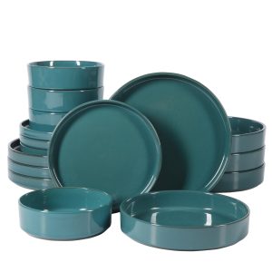 Bloomhouse - Oprah's Favorite Things - Santorini Mist Double Bowl Terracotta Reactive Glaze Plates and Bowls Dinnerware Set - Jade Blue Green, Service for Four (16pcs)